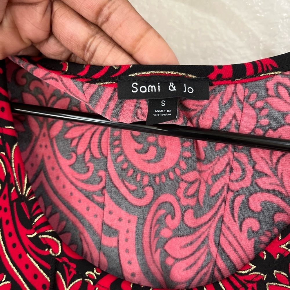 Sami & Jo Red Black Floral Paisley Midi Dress Sz S Short Sleeve Formal prom Chic - Picture 3 of 9